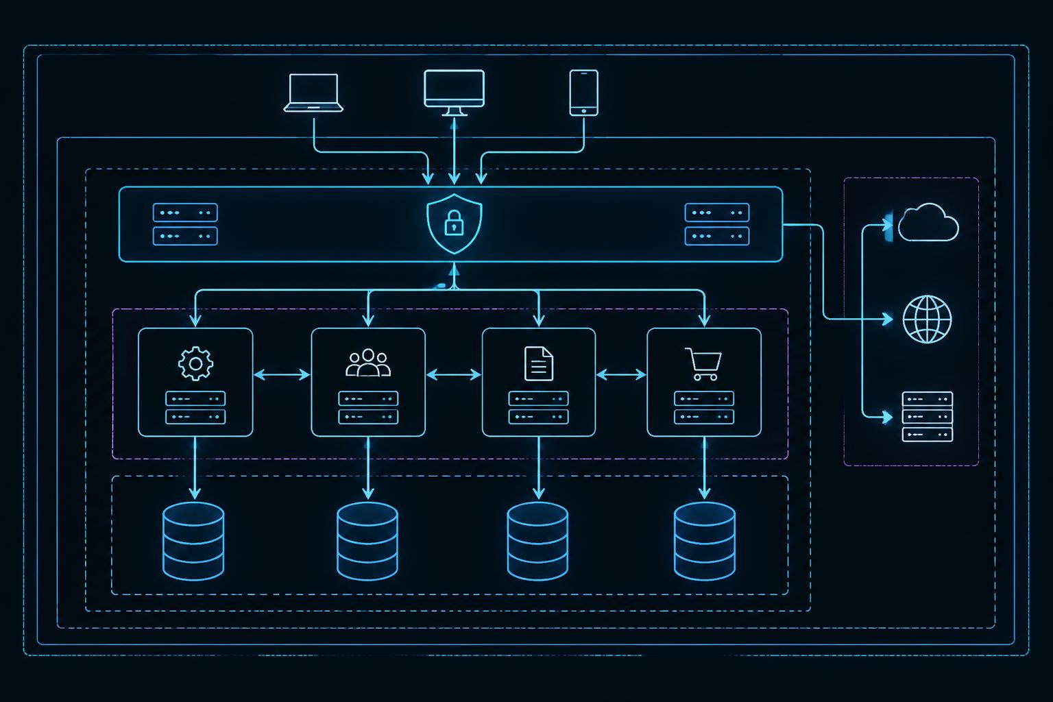 Arhitectura ilustrativa cu API, control de acces, stocare si interfete externe.
