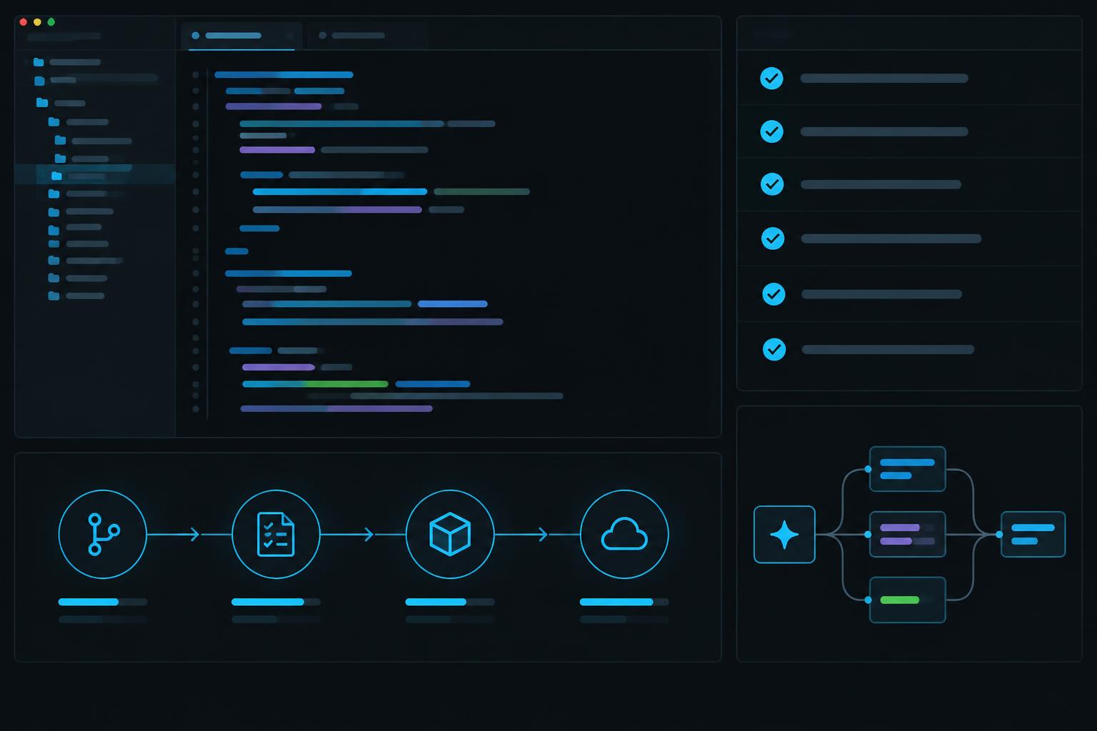 Compozitie ilustrativa cu cod, teste, etape CI/CD si un flux de agenti AI.