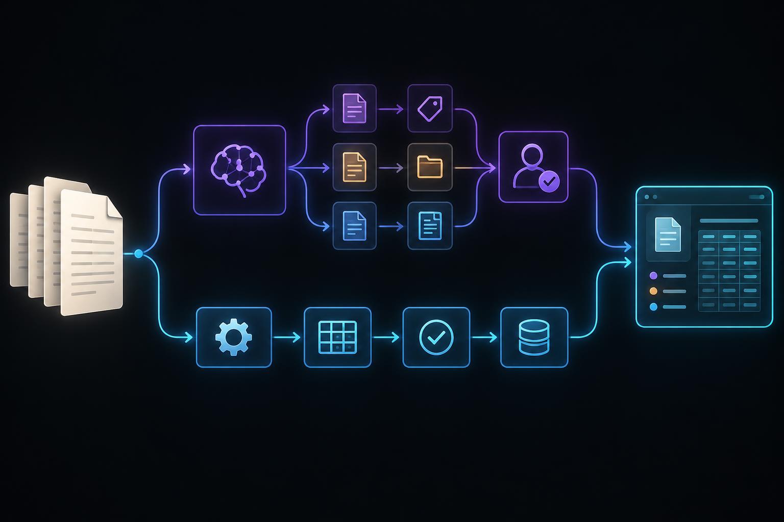 Ilustratie comparativa: procesarea documentelor prin AI cu verificare umana si automatizarea RPA prin reguli fixe.