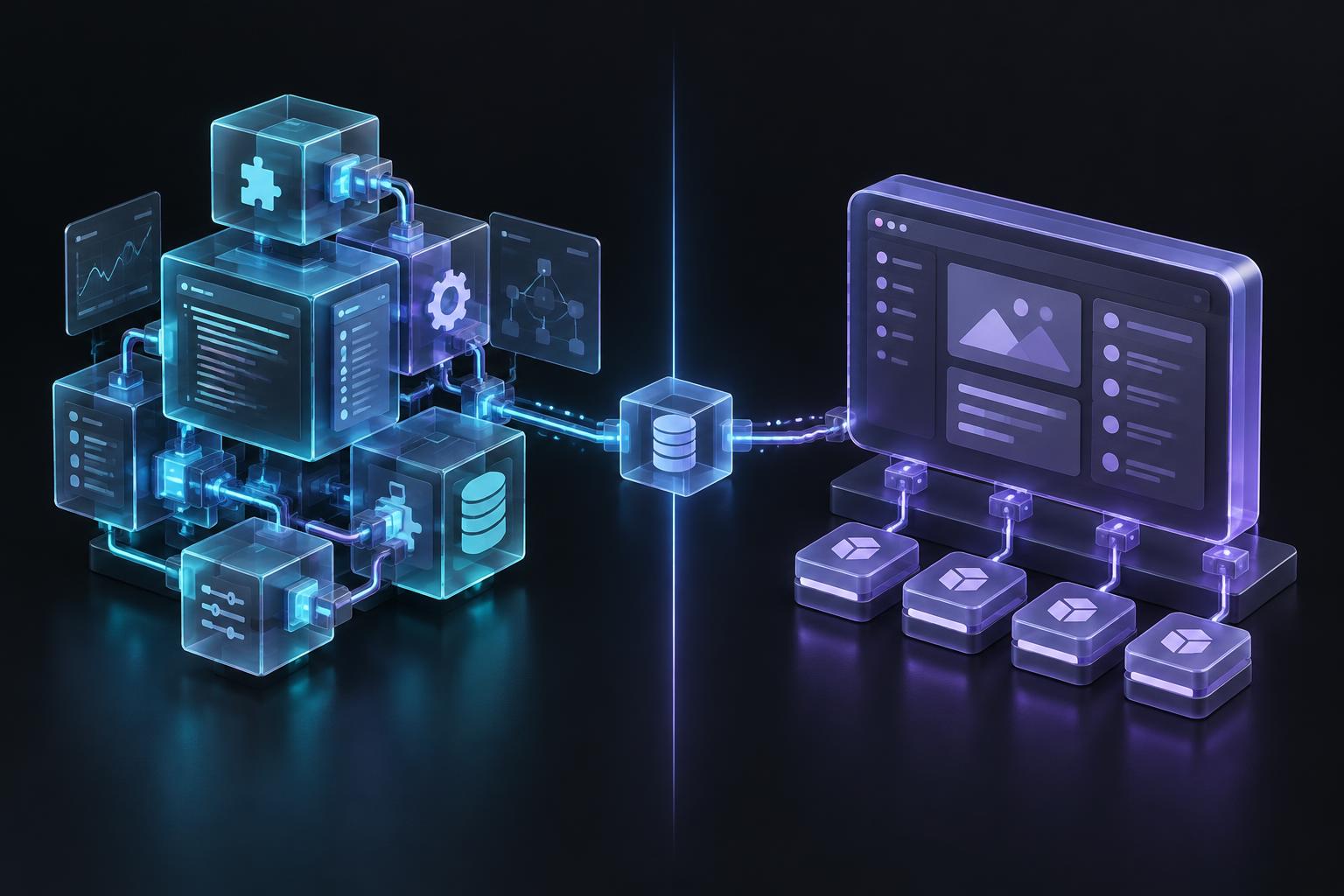 Ilustratie comparativa intre o aplicatie software modulara la comanda si o platforma SaaS standardizata.