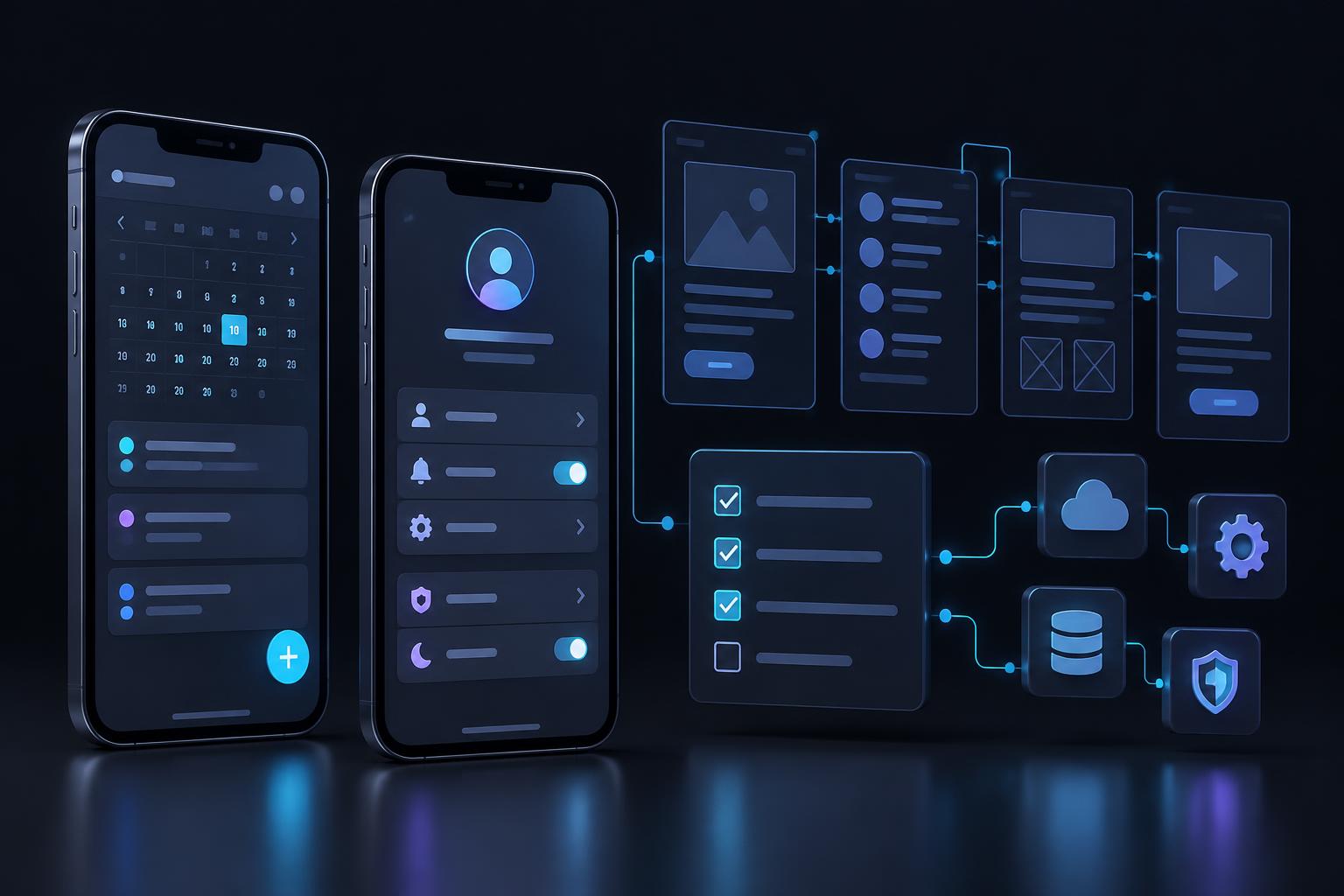 Ilustratie cu prototipuri de aplicatii mobile, ecrane si integrari care influenteaza efortul de dezvoltare.